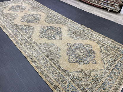 Wool Hand Knotted Rug Vintage 4.8 x 13 Runner Oushak Runner Rug Turkish Runner Rug Vintage Runner Rug Star Kitchen Runner Natural Wool