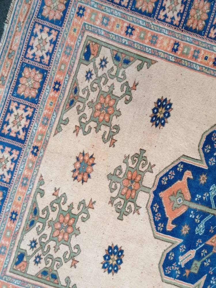 Turkish blue wool rug, vintage oushak rug 5x6'8