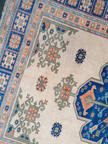 Turkish blue wool rug, vintage oushak rug 5x6'8