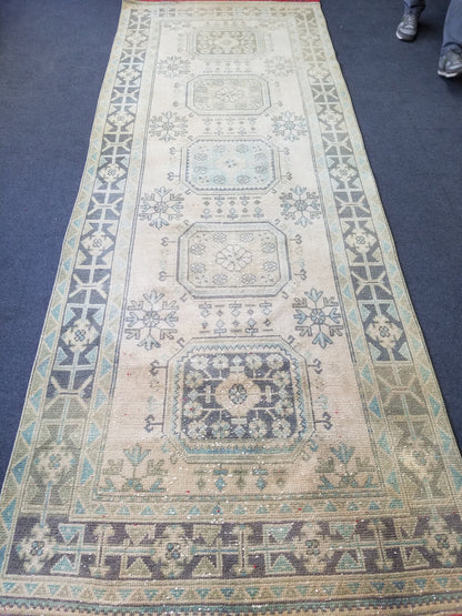 Oushak turkish rug 4'2x11 vintage wool rug, vintage oushak rug, vintage anatolian rug,unique hand made rug,kitchen rug