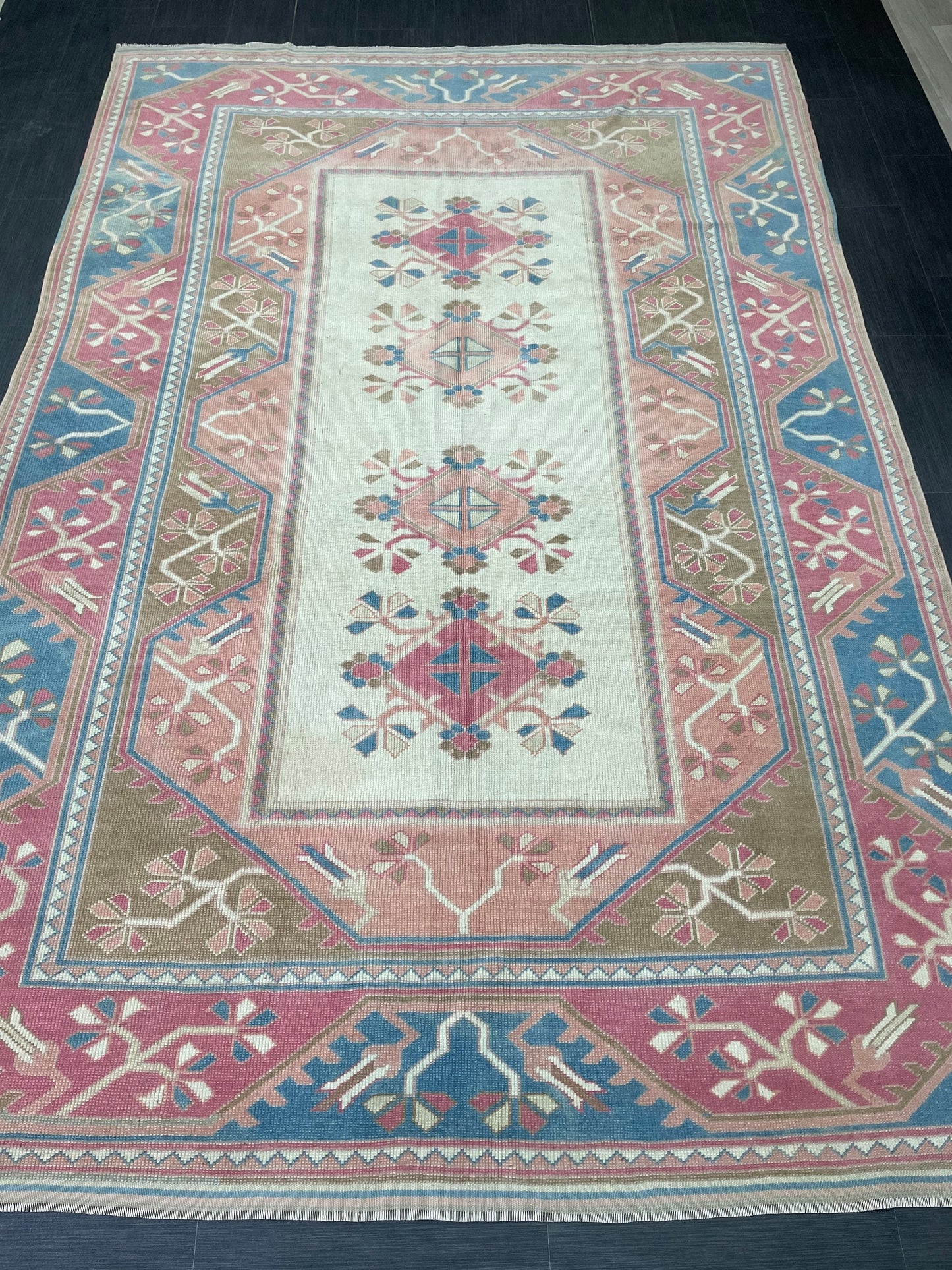Hand Knotted Oushak Rug 6.8 x 10.3 Vintage Rug Handmade Turkish Rug Persian Rug Vintage Rug, Wool  Blue and Pink Rug Large Rug