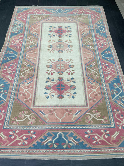 Hand Knotted Oushak Rug 6.8 x 10.3 Vintage Rug Handmade Turkish Rug Persian Rug Vintage Rug, Wool  Blue and Pink Rug Large Rug