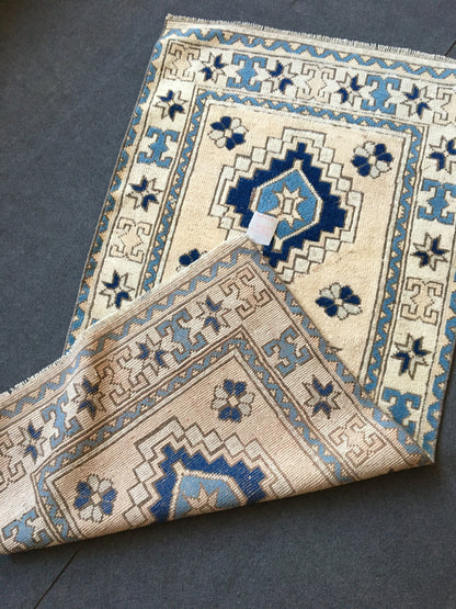 2.6x5.1 feet neutral wool rug, muted handmade living room rug, oushak large kitchen floor rug, turkish hallway area rug, vintage blue rug