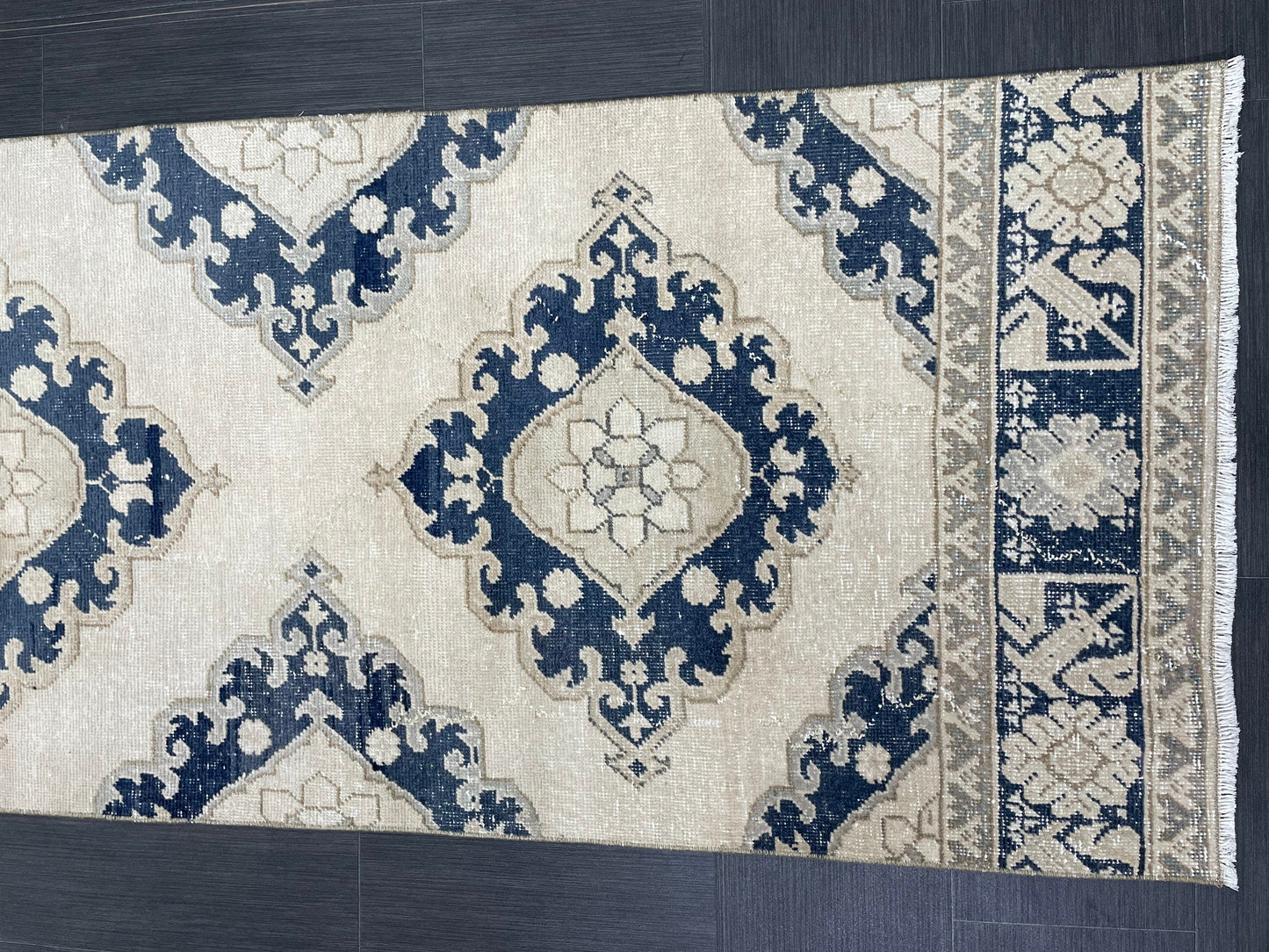 WOOL Hand Knotted Runner Rug Turkish Runner Rug 2.8 x 12.7 Muted Vintage Hallway Runner Rug Kitchen Runner Rug Persian Runner Rug Navy