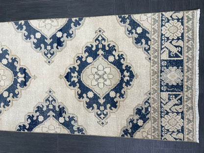WOOL Hand Knotted Runner Rug Turkish Runner Rug 2.8 x 12.7 Muted Vintage Hallway Runner Rug Kitchen Runner Rug Persian Runner Rug Navy