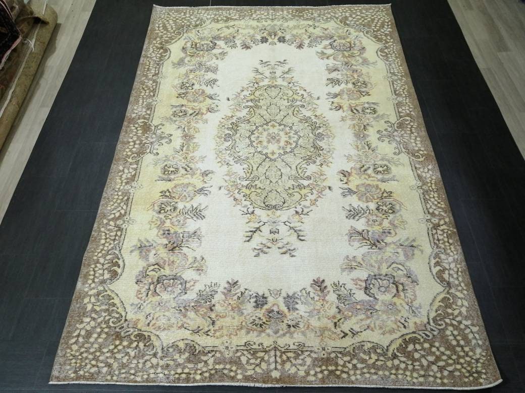 Vintage OUSHAK RUG 6.2 x 9.3 TURKISH Rug Vintage Oushak Runner Rug Vintage Persian Rug Wool Oriental Rug Hand Made Rugs Muted Oriental rug