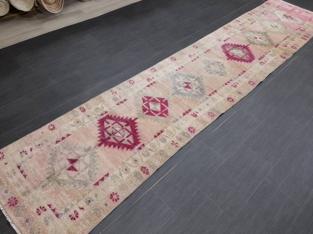 Muted Vintage Runner Rug Vintage Oushak Runner Rug 2.6 x 12.4 Hallway Runner Rug Turkish Kitchen Runner Rug Antique Wool Oriental Runner Rug