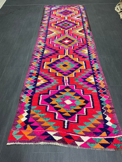 Vintage Runner rug 3 x 9.8 Handmade Flat woven Runner Kilim Runner Rug Boho Oriental Runner Vintage Flat weave Rug Wool Carpet Rug