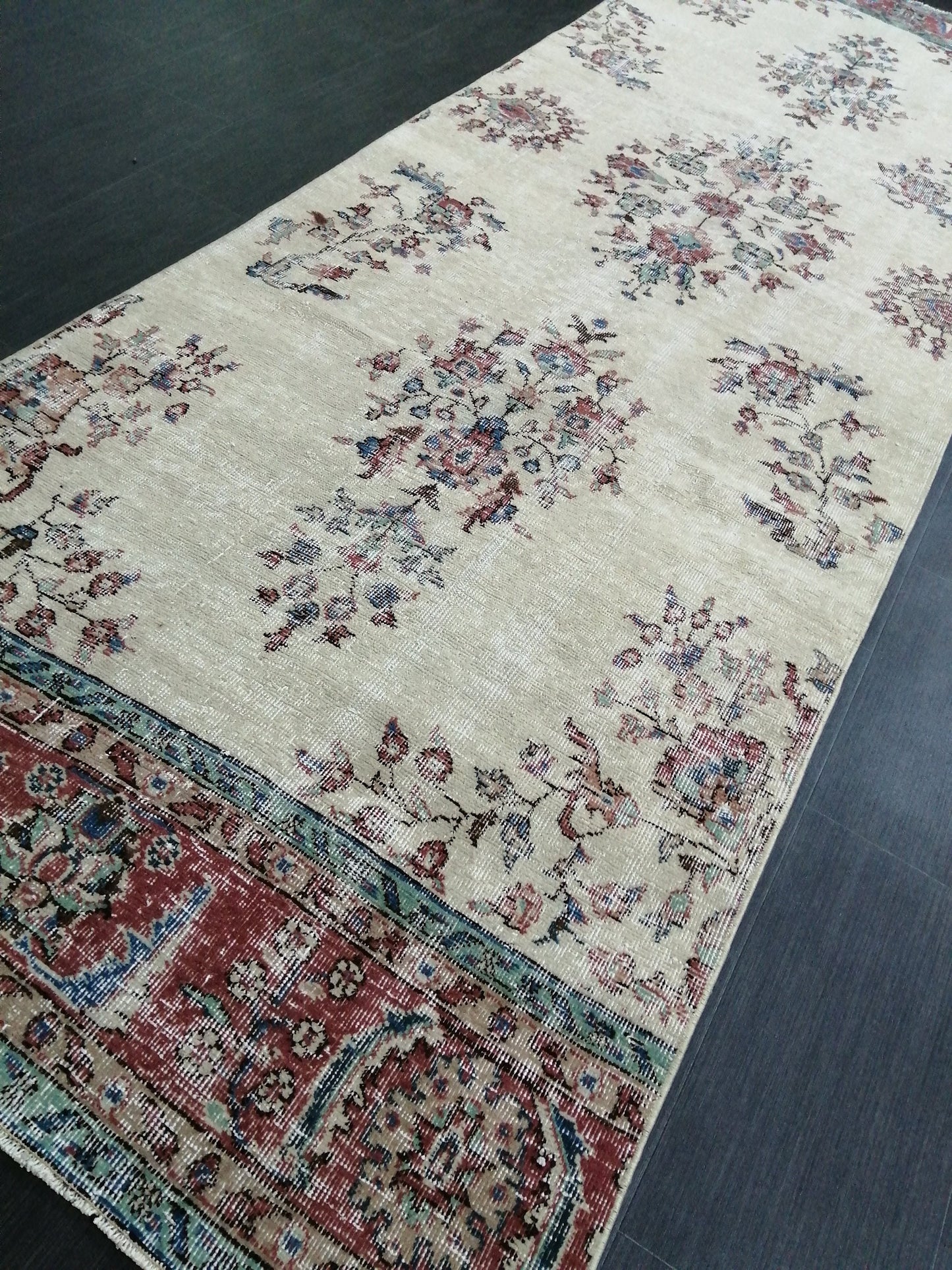 Distressed OUSHAK RUG 11.6 x 3.8 Muted Vintage  Runner Rug Vintage Runner Rug Wool Oushak Rug Vintage Turkish  Runner Rug