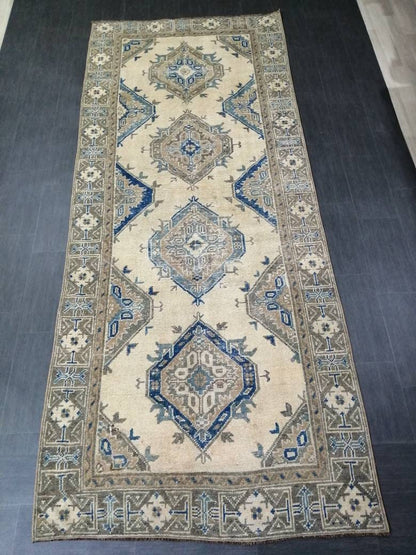 Antique Oushak Runner Rug Turkish Runner Rug Vintage Runner Rug 11.9 x 4.9 Hallway Runner Rug Antique Oriental Runner Rug Blue Beige Runner