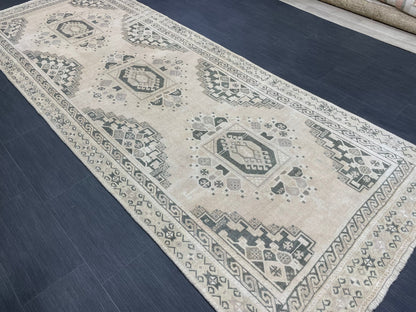 Muted Handmade Rug TURKISH Vintage 4.2 x 11 Rug Vintage Oriental Rug Vintage Rug Wool Hand Knotted 4x11 Rug OUSHAK Rugs Vintage Turkish Rug