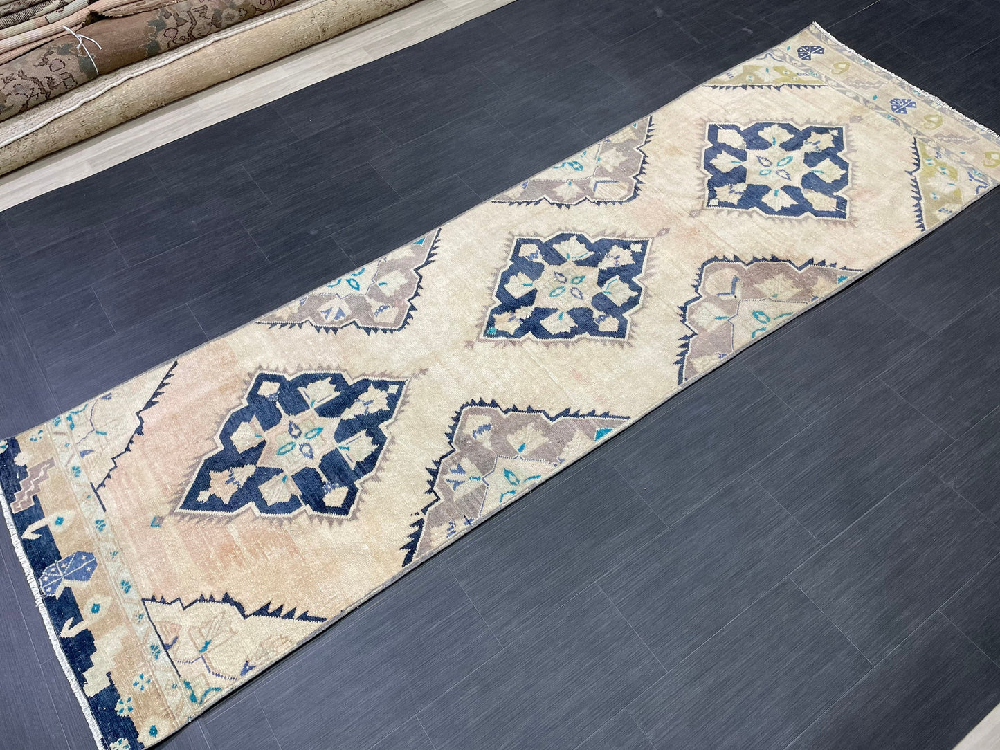 Vintage Runner 3.2 x 10.6 TURKISH Muted Runner Rug Vintage Oushak Runner Rug Navy Runner Rug Wool Oriental Runner Antique Runner Rug