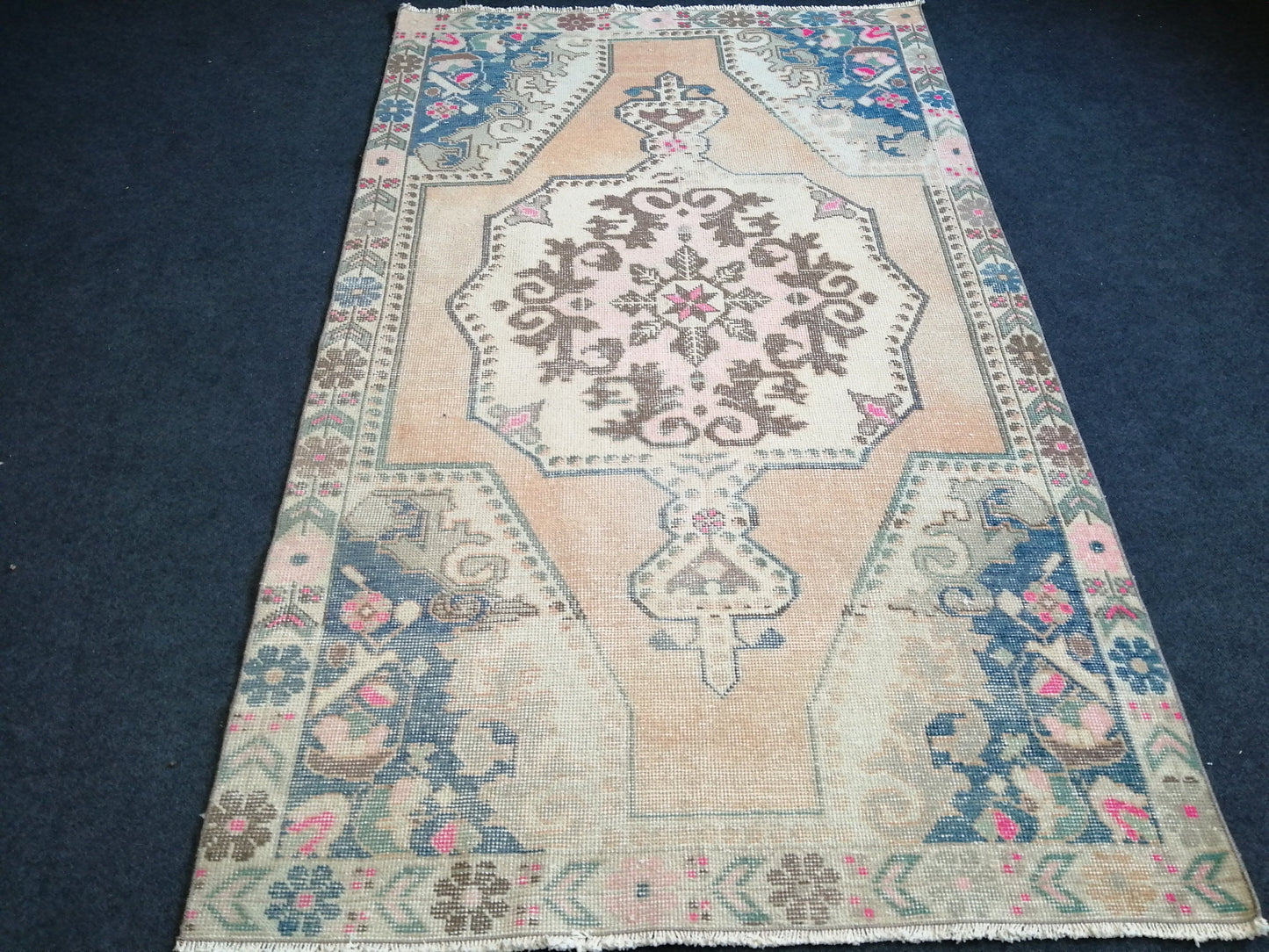 7.2 x 4.2 Turkish Rug, Oushak Rug, Hand Knotted Wool Vintage Rug, Oriental Rugs, Runner Rug, Fun Vintage Rug, Hand Made Rug 4x7 Blue Rug