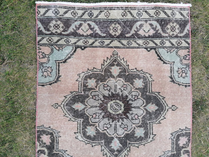 2'8x11'10 oushak turkish runner rug, vintage green runner rug, vintage wool runne, vintage hand made rug , kitchen runner rug,