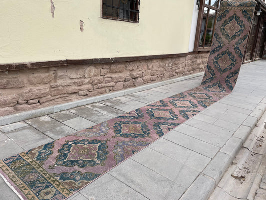 Wool Extra Long Turkish Runner Rug, Very Long Oushak Runner 2.6 x 23 ft Rug, Vintage Runner Rug, XL Oriental Runner Rug Staircase Runner rug