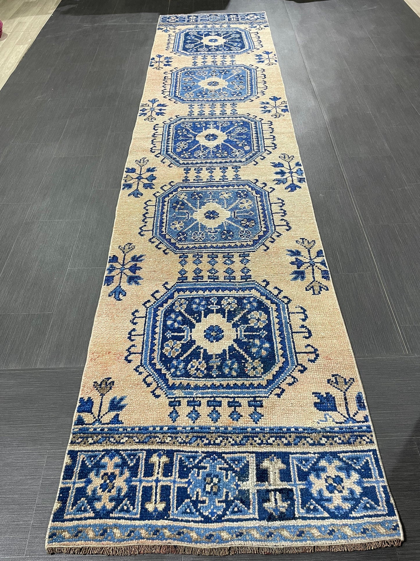Blue and Blue Vintage Runner Rug Vintage Oushak Runner Rug 2.7 x 12  Hallway Runner Rug Turkish Kitchen Runner Antique Oriental Runner Rug