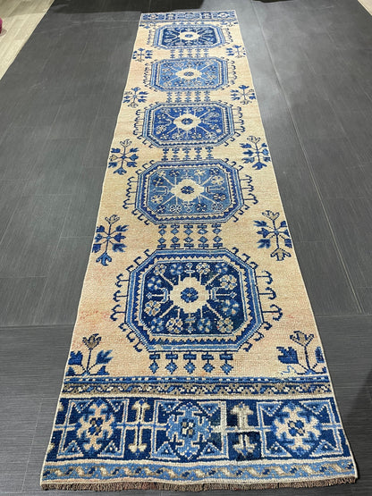 Blue and Blue Vintage Runner Rug Vintage Oushak Runner Rug 2.7 x 12  Hallway Runner Rug Turkish Kitchen Runner Antique Oriental Runner Rug