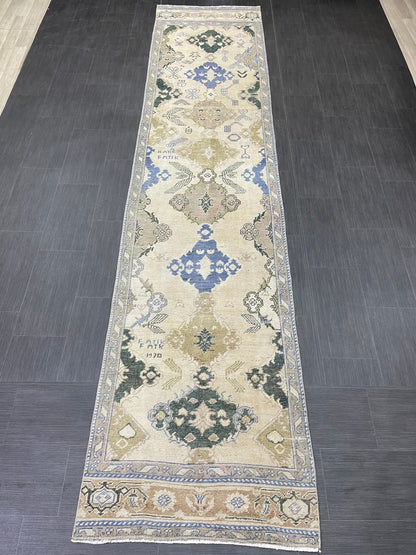 Blue Green Turkish Oushak Runner Rug  3x13 ft Turkish Runner Rug XL Vintage Runner Rug Long Hallway Runner Rug Kitchen Runner Wool Pile