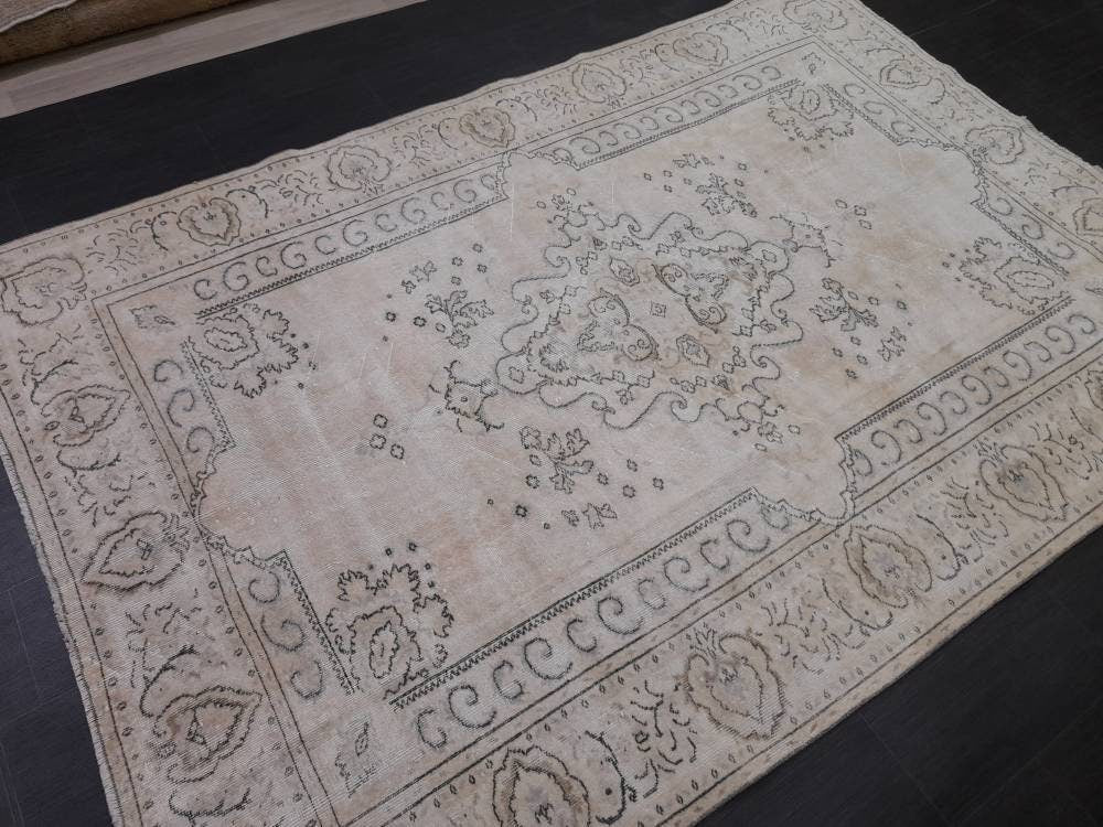 Neutral Rugs 6.4 x 9.3 ft Vintage Neutral Rug Muted Oushak Rug, Rustic Rug, Turkish Rug, Muted Farmhouse Rug, Wool rug Vintage Oriental Rug