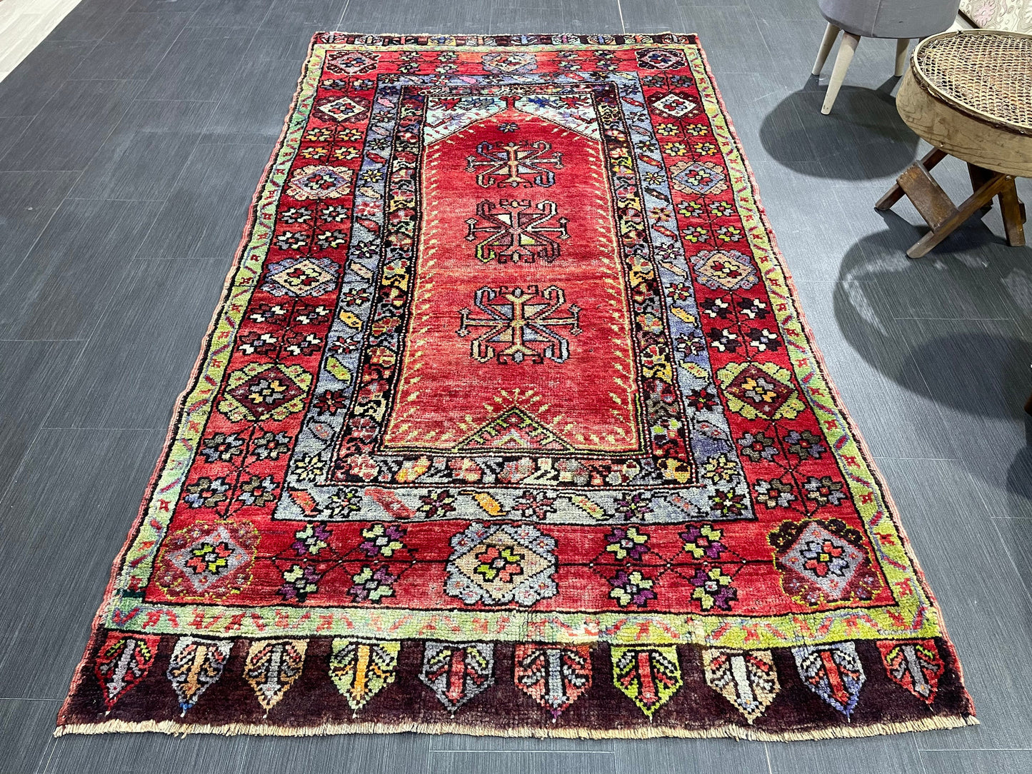 Vintage RUG, TURKISH 4.2 x 7.4 Rug, Wool Hand Knotted Rug, Persian Rug Wool Handmade Rug, Oushak Rugs Muted Hand Knotted rug