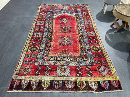 Vintage RUG, TURKISH 4.2 x 7.4 Rug, Wool Hand Knotted Rug, Persian Rug Wool Handmade Rug, Oushak Rugs Muted Hand Knotted rug