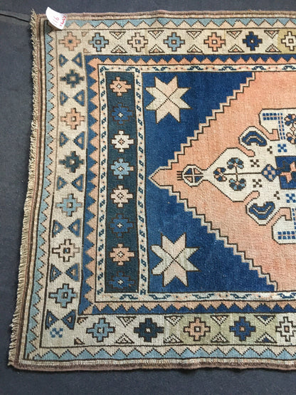4x7.6 feet handmade blue kitchen floor rug, vintage living room area rug, pink turkish bedroom rug, oushak bathroom rug, wool bohemian rug