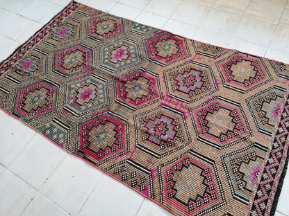 Flatwoven with embroidery rug turkish hand made rugs vintage turkish rugs oushak rug vintage oushak rug, wool rug 8'6x4'10 feet