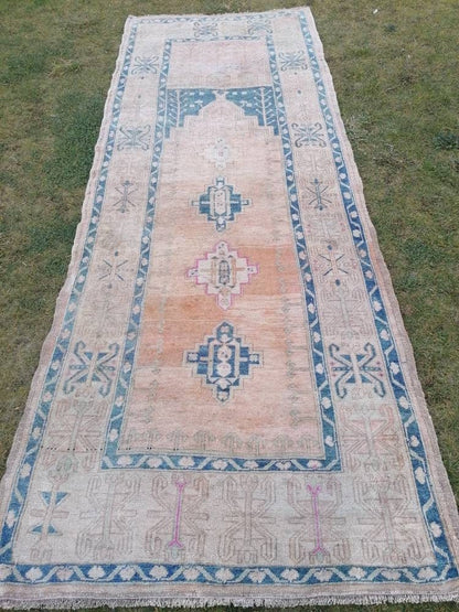4'6x12 vintage turkish runner rug, oushak vintage rug, handmade hallway runner, kitchen wool runner
