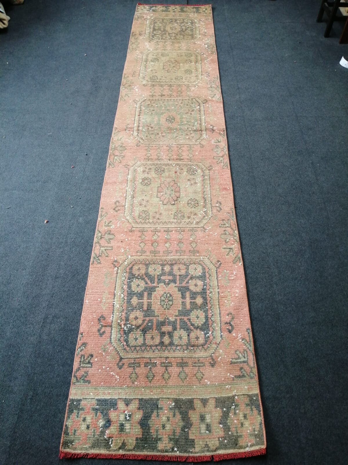 11'4x2'2 oushak turkish runner rug, vintage runner rug, vintage oushak runner rug, vintage anatolian rug,unique hand made rug,kitchen rug