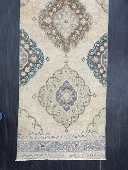 Muted Turkish Runner Rug Vintage 3 x 13.7 Runner Rug Hallway Runner Rug Hand Knotted Runner Kitchen Runner Rug Handmade Runner Rug