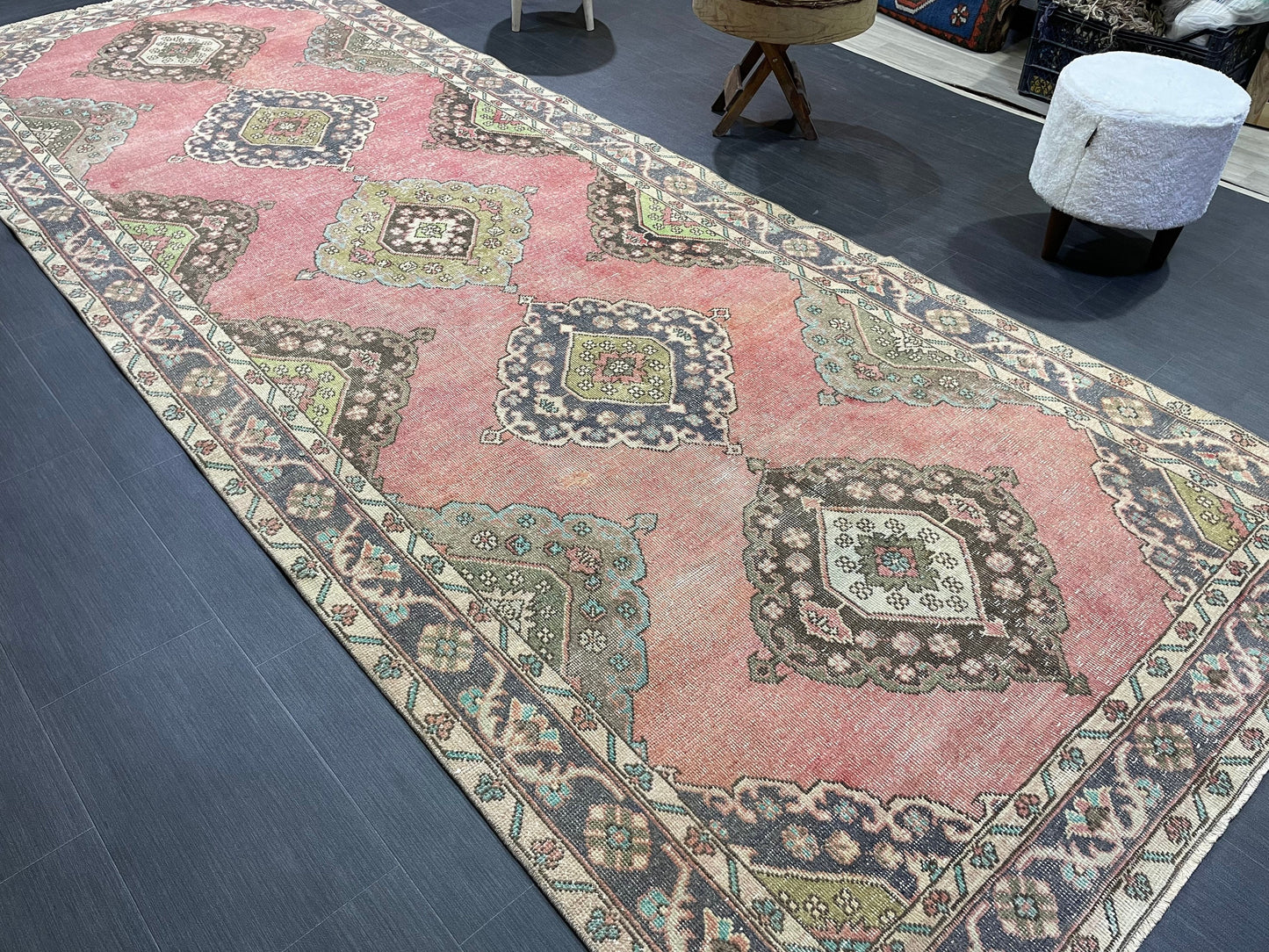 Vintage Runner rug, Muted 4.9 x 12 Runner RUG, TURKISH Runner, Pink Runner Rug, Pastel Oushak Rug ,Natural Wool Runner Rugs, Handmade Runner