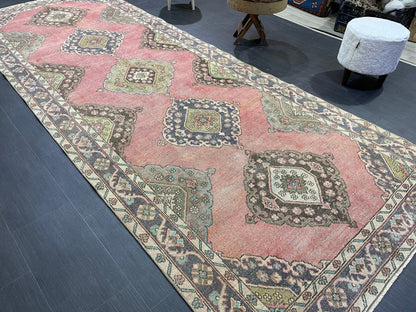Vintage Runner rug, Muted 4.9 x 12 Runner RUG, TURKISH Runner, Pink Runner Rug, Pastel Oushak Rug ,Natural Wool Runner Rugs, Handmade Runner