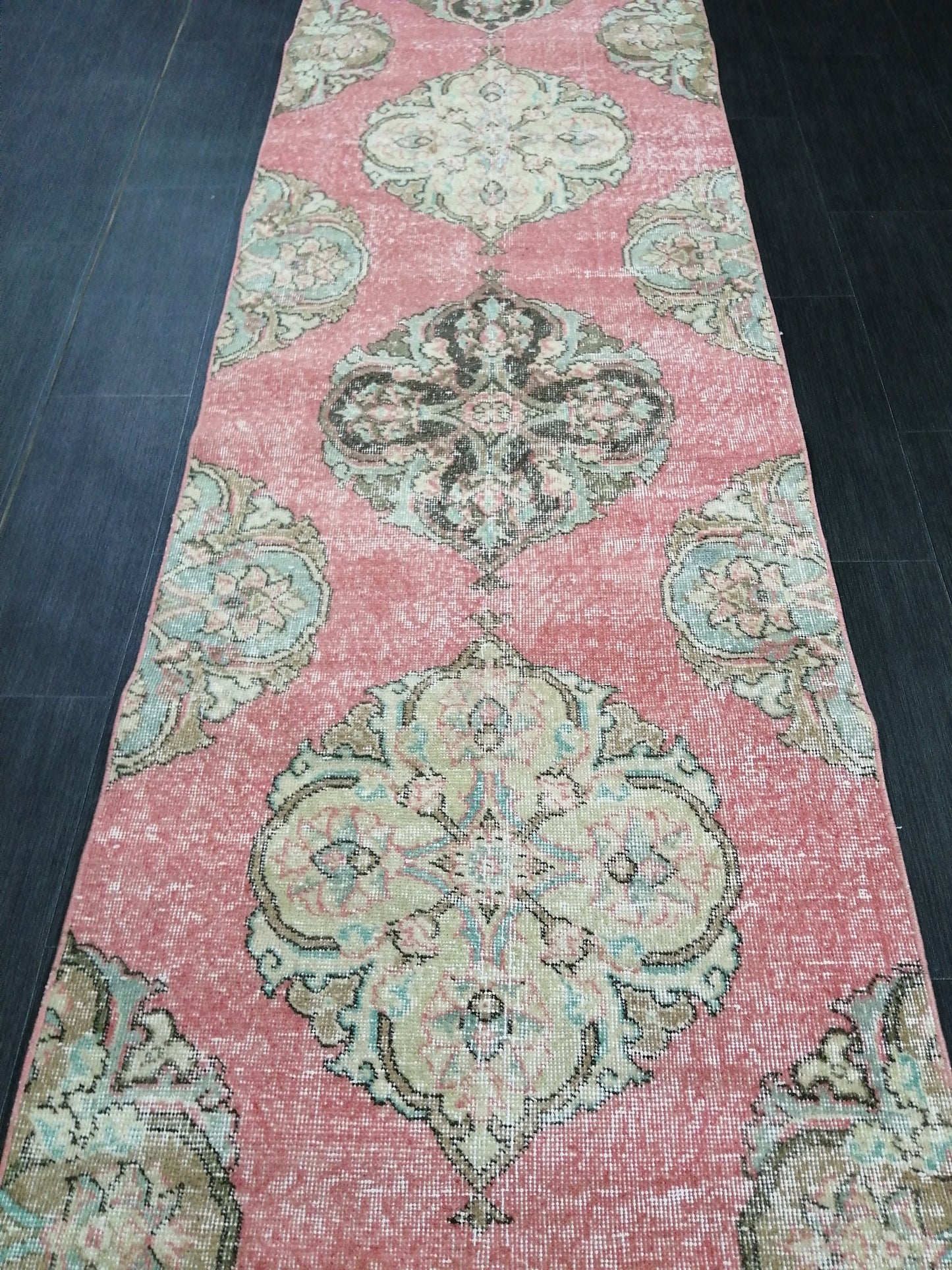 Pink Vintage Runner Rug 12.9 x 2.6 Oushak Runner Hallway Runner Rug Kitchen Runner Rug Wool Runner Rug Wool Oushak Rug