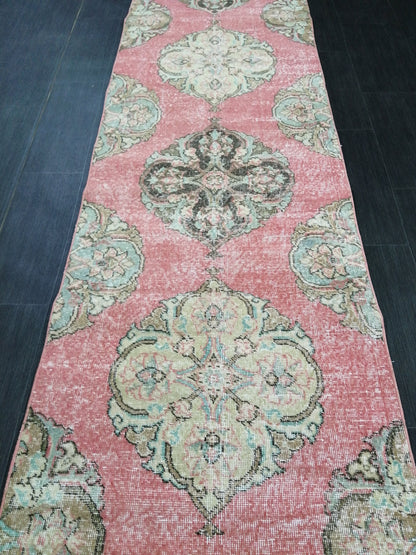 Pink Vintage Runner Rug 12.9 x 2.6 Oushak Runner Hallway Runner Rug Kitchen Runner Rug Wool Runner Rug Wool Oushak Rug