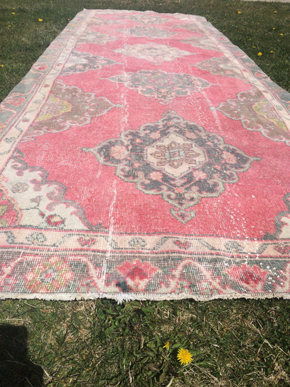 4x12 Vintage Runner rugs, Muted Runner RUG, TURKISH Runner, Pink Runner Rug, Pastel Oushak Rug ,Wool Runner Rugs, Oriental Runner  Rug