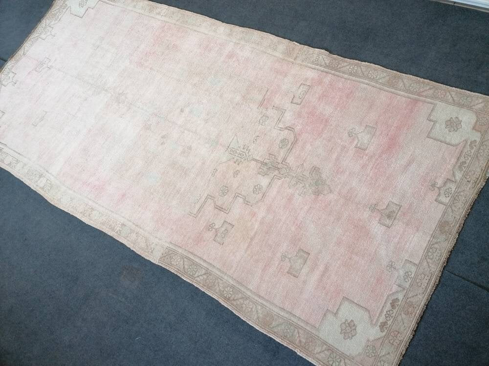 4.10 x 10.2 muted vintage rug, faded oushak rug - hand made rug, natural Turkish wool rug,