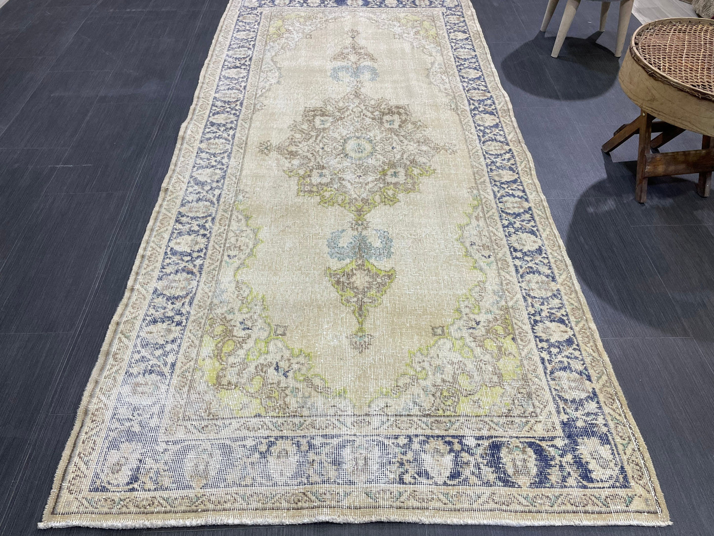 Muted Vintage Turkish Oushak Rug, Antique 3.8 x 8 Rug, Distressed Vintage Wool Rug, Handmade Rug, Hand Knotted