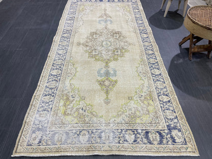 Muted Vintage Turkish Oushak Rug, Antique 3.8 x 8 Rug, Distressed Vintage Wool Rug, Handmade Rug, Hand Knotted