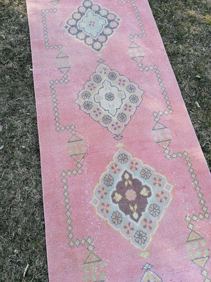 Vintage runner rug 2.10 x 22.10 pink runner rug, oushak wool handmade runner