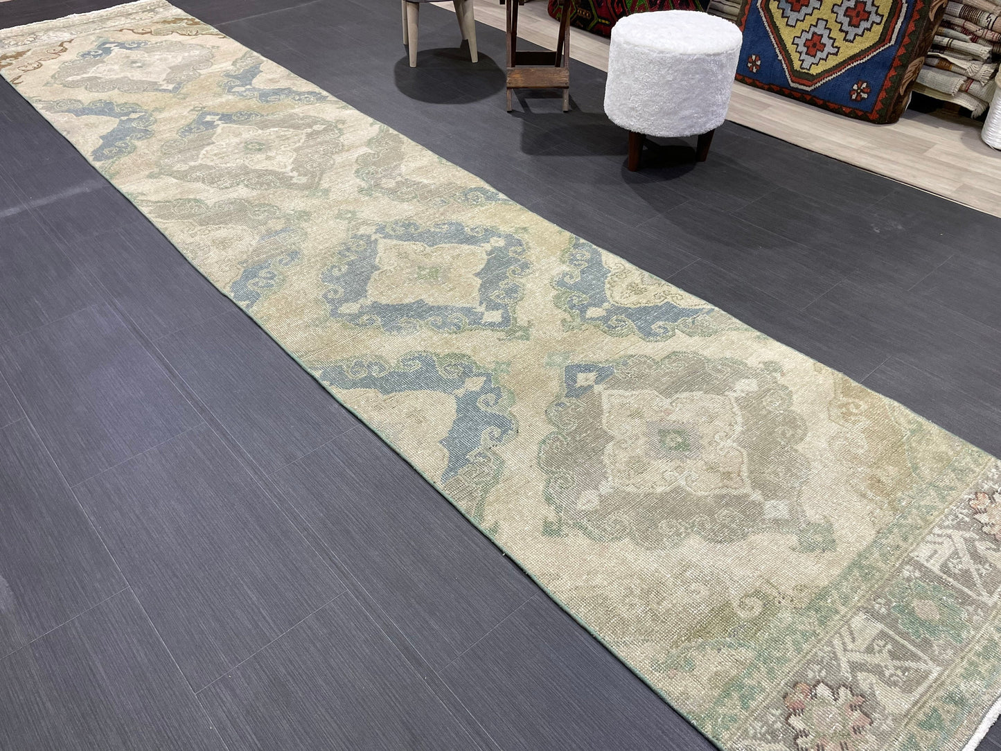 Muted Vintage Runner 2.6 x 12.6 Rug, Persian Runner Rug, Wool Oushak Runner Rug, Turkish Runner Rug, Kitchen Runner Rug, Hallway Runner rug