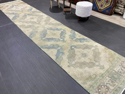 Muted Vintage Runner 2.6 x 12.6 Rug, Persian Runner Rug, Wool Oushak Runner Rug, Turkish Runner Rug, Kitchen Runner Rug, Hallway Runner rug