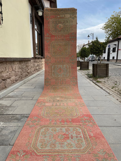 Wool Extra Long Turkish Runner Rug, Very Long Oushak Runner 2.7 x 18.9 ft Rug, Vintage Runner Rug, XL Handmade Runner Rug Staircase carpet