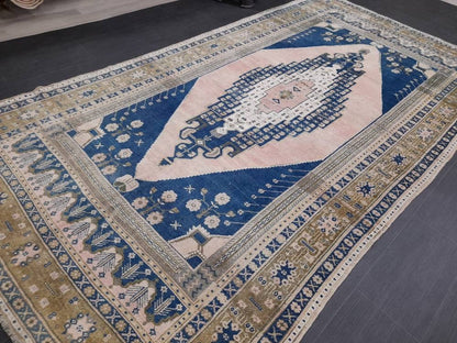 Navy and Pink OUSHAK RUG 5.8 x 11 TURKISH Rug Vintage Oriental Rug Vintage Persian Rug Wool Oushak Rug Hand Made Rug Vintage Turkish Rug