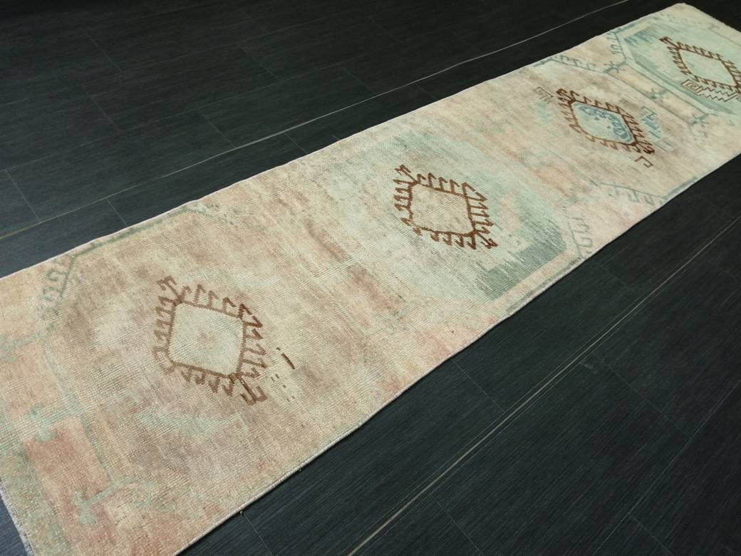 2.2 x 9.4 Vintage RUNNER Rugs, Muted Oushak RUNNER Rug, Faded Rug, Muted Turkish Rug, Muted Oriental Runner Rug, Vintage Persian Runner Rug