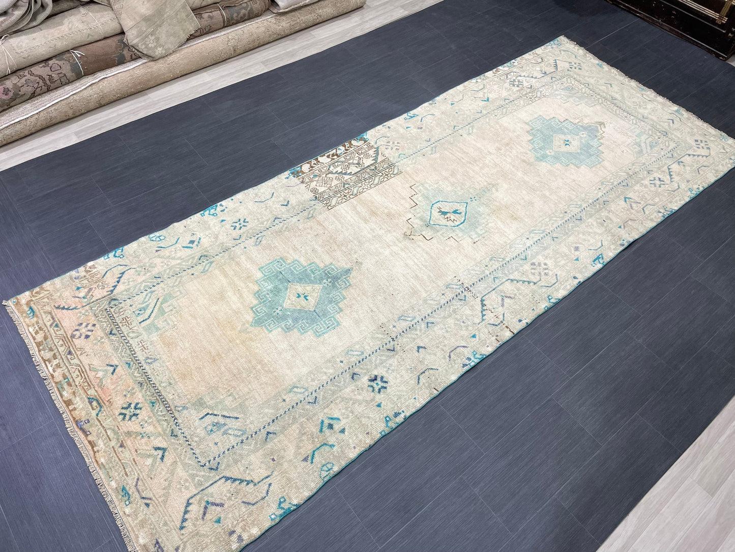 Muted Handmade Runner 4.5 x 11.6 Runner Turkish Runner Rug Faded Vintage Runner Rug Hallway Runner  Neutral Kitchen Runner Rug Wool Runner