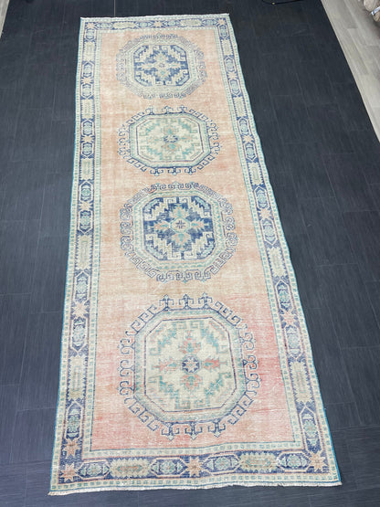 Distressed Vintage Runner Rug 4.3 x 11.8 ft Turkish Runner Rug Vintage Runner Rug Hallway Runner Rug Kitchen Runner Rug Wool Pile Runner Rug