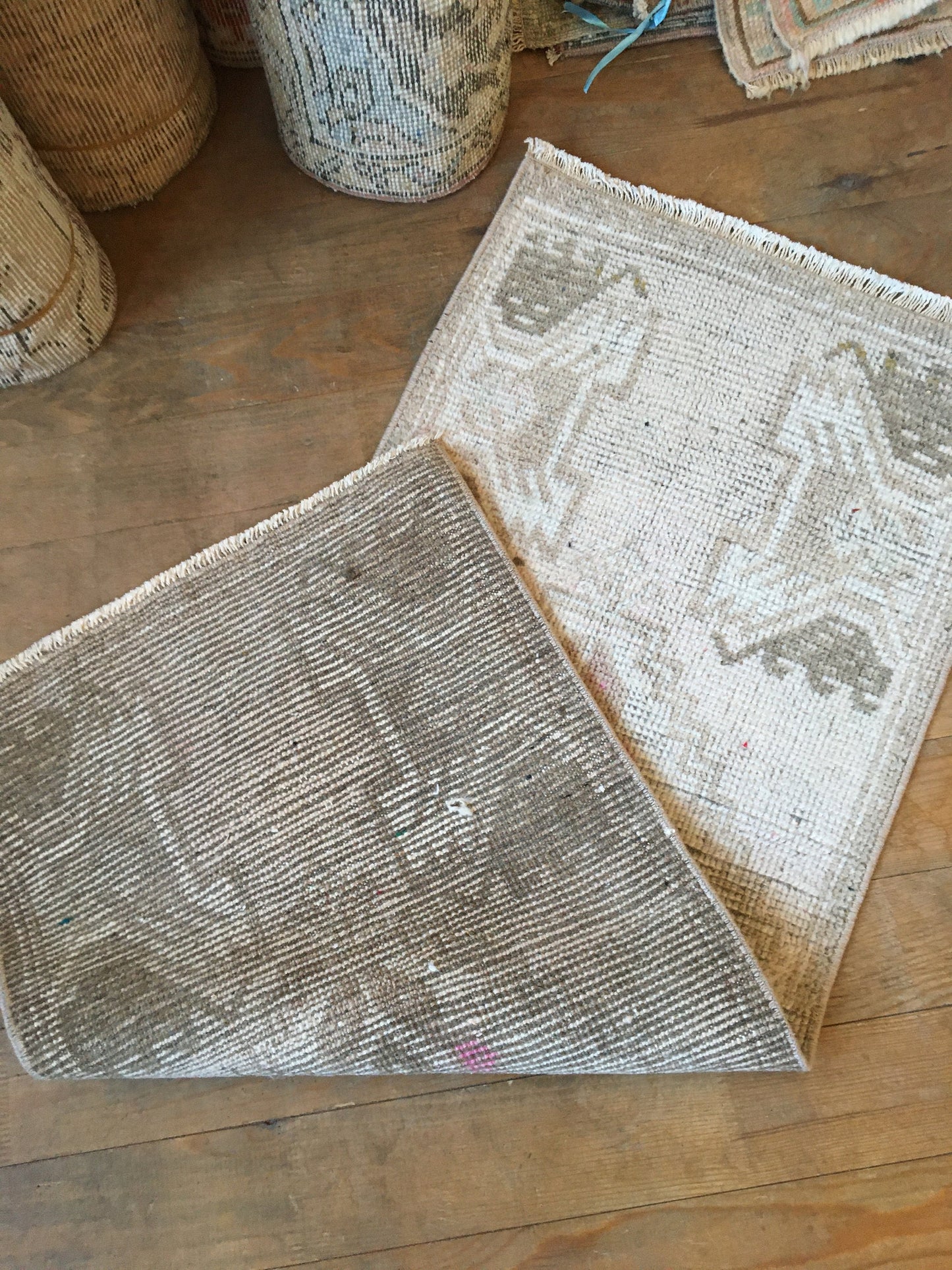 1.4x3.4 feet grey mini turkish rug, handmade brown bedroom area rug, bath mat mini rug, bathroom small rug, oushak kitchen rug, hallway rug