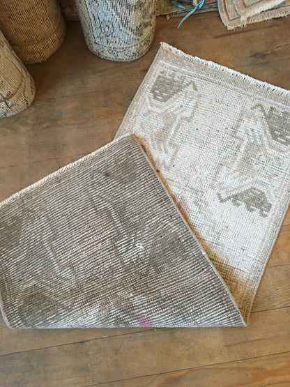 1.4x3.4 feet grey mini turkish rug, handmade brown bedroom area rug, bath mat mini rug, bathroom small rug, oushak kitchen rug, hallway rug