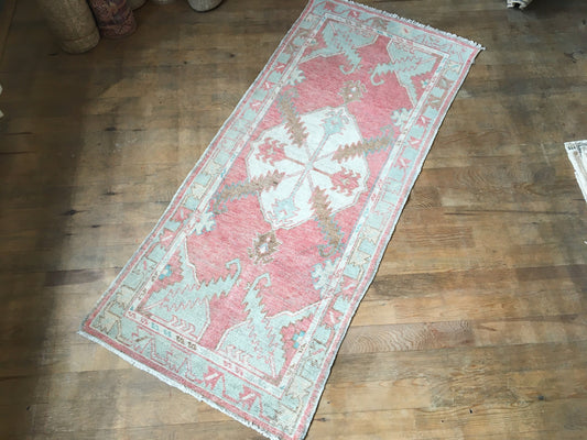 2x6 feet handmade mini runner, hallway oushak vintage runner, turkish blue kitchen area runner rug, muted color wool red bath mat floor rug