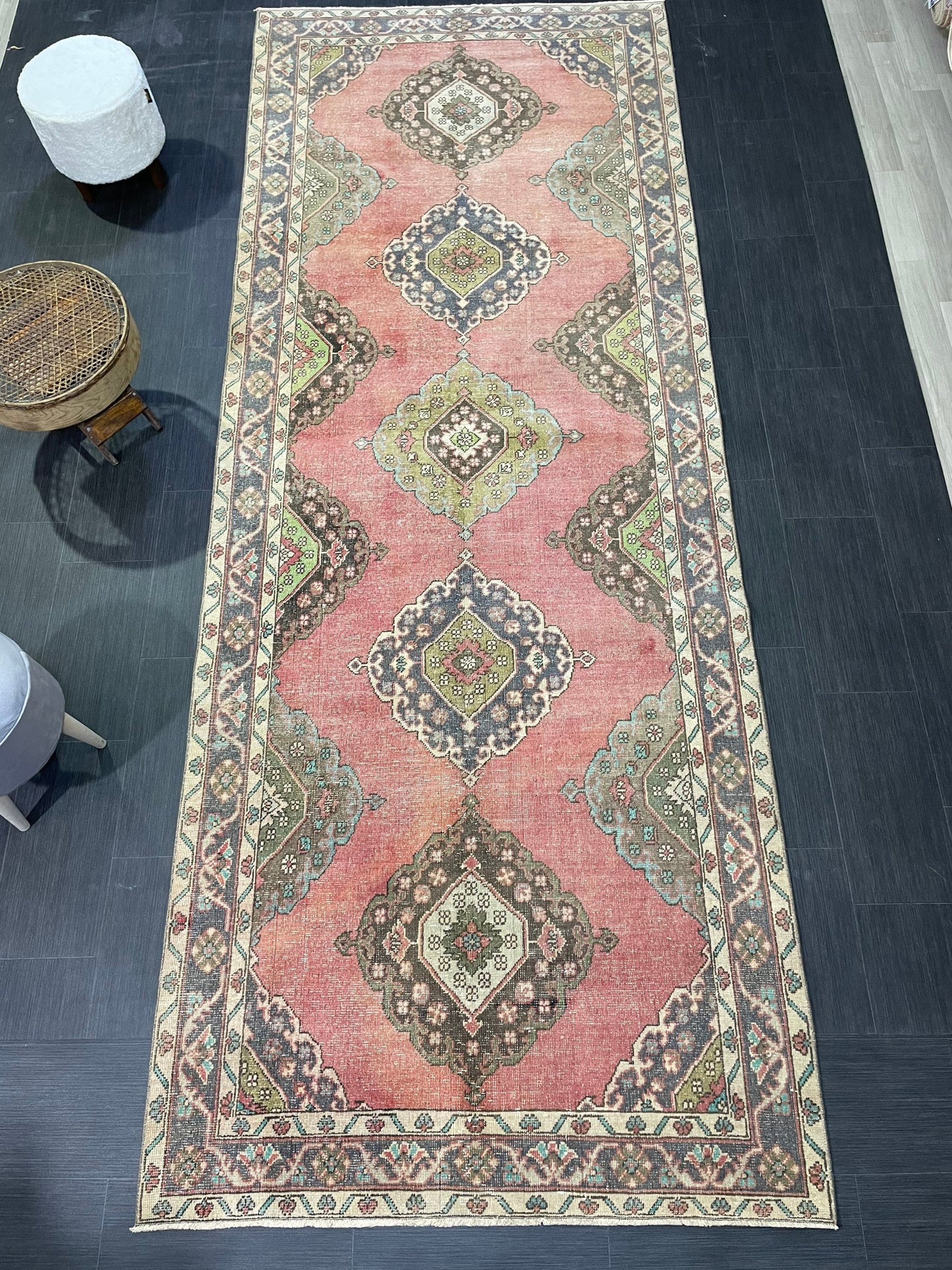 Vintage Runner rug, Muted 4.9 x 12 Runner RUG, TURKISH Runner, Pink Runner Rug, Pastel Oushak Rug ,Natural Wool Runner Rugs, Handmade Runner